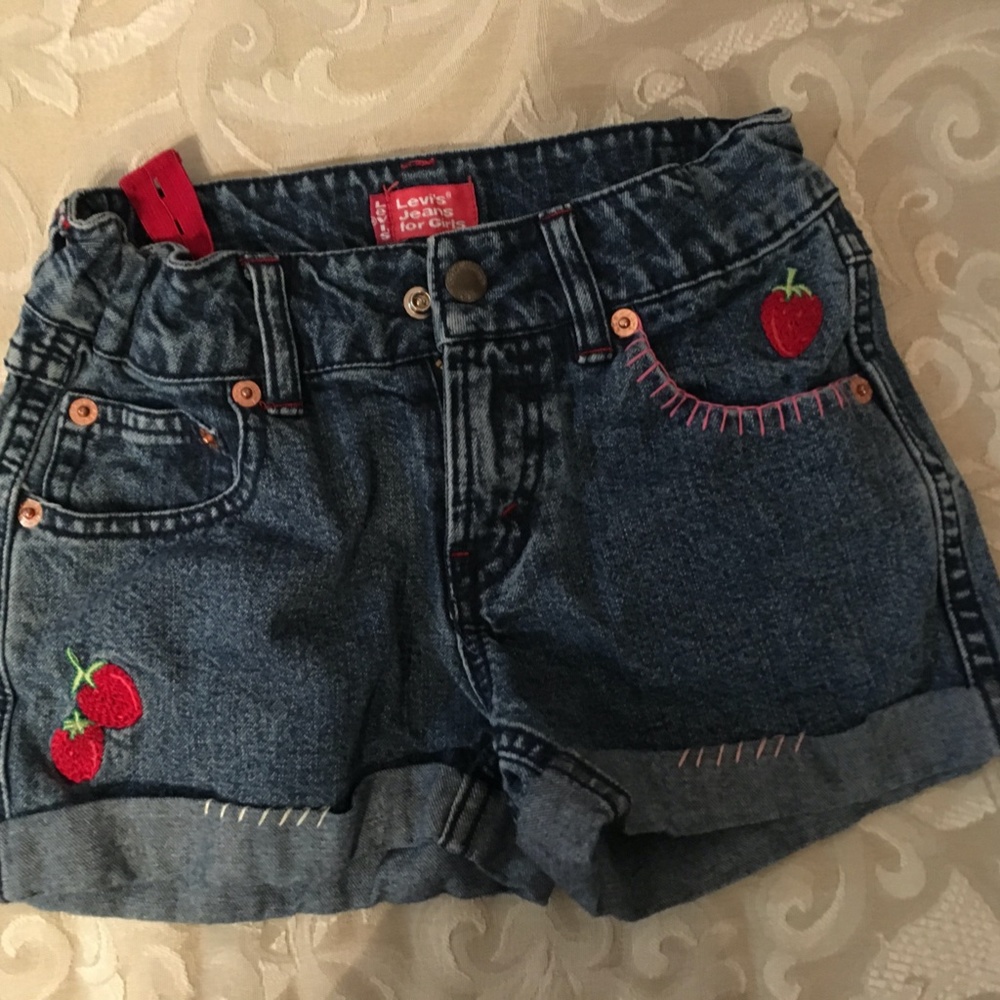 Levi's Girl's Denim Shorts Sz 6X - Adjustable Waist - Strawberry Embellishment